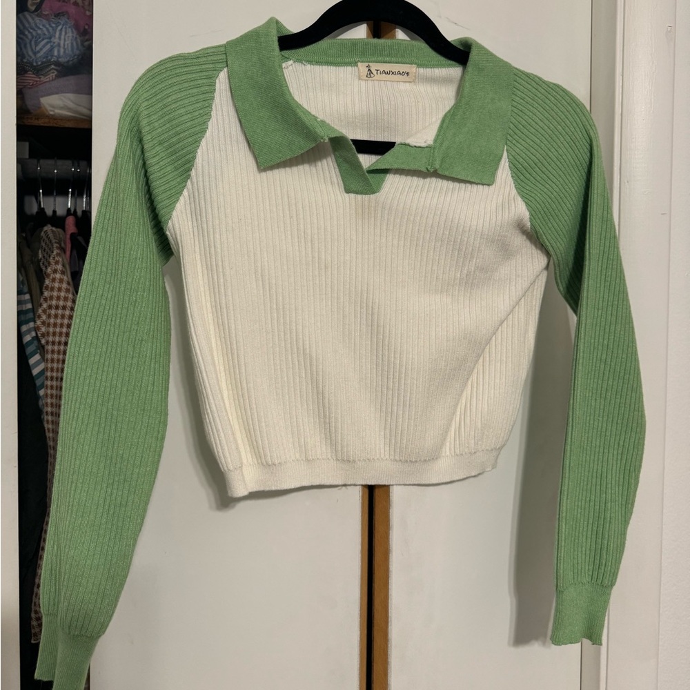 Women’s Polo Sweater Top Rugby Style in Green and White